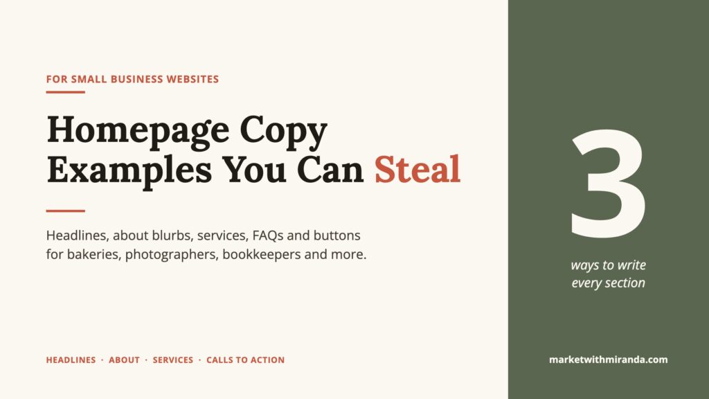Homepage copy examples you can steal: headlines, about blurbs, services and calls to action for small business websites, from Market with Miranda