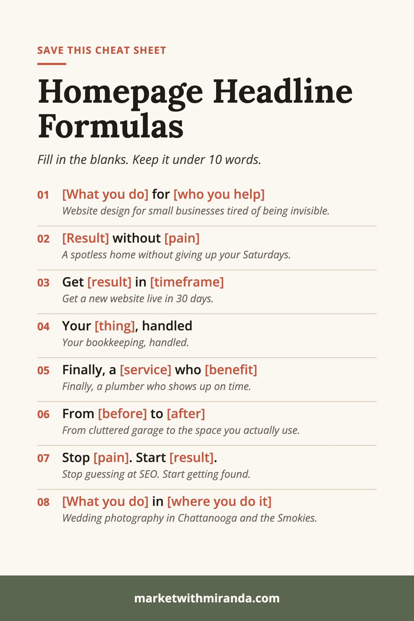 Homepage headline formulas cheat sheet with 8 fill-in-the-blank formulas and examples, such as [What you do] for [who you help] and [Result] without [pain]