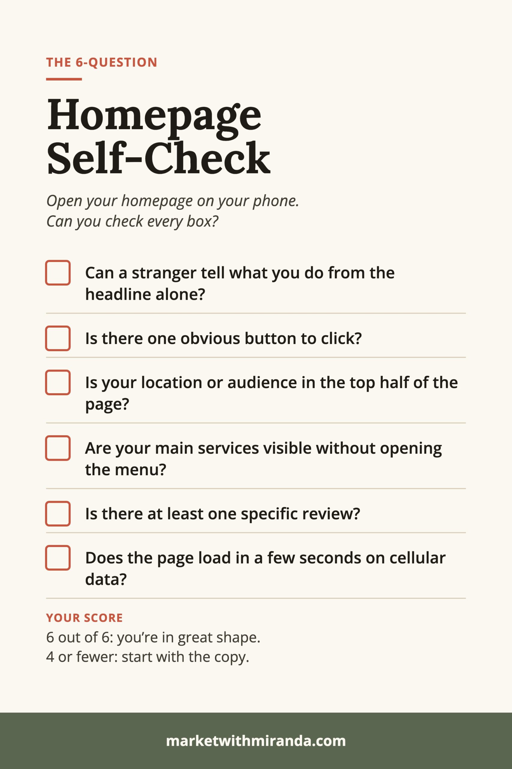 Homepage self-check checklist with six questions: can a stranger tell what you do from the headline, is there one obvious button, is your location or audience near the top, are your services visible, is there a specific review, and does the page load fast on cellular data