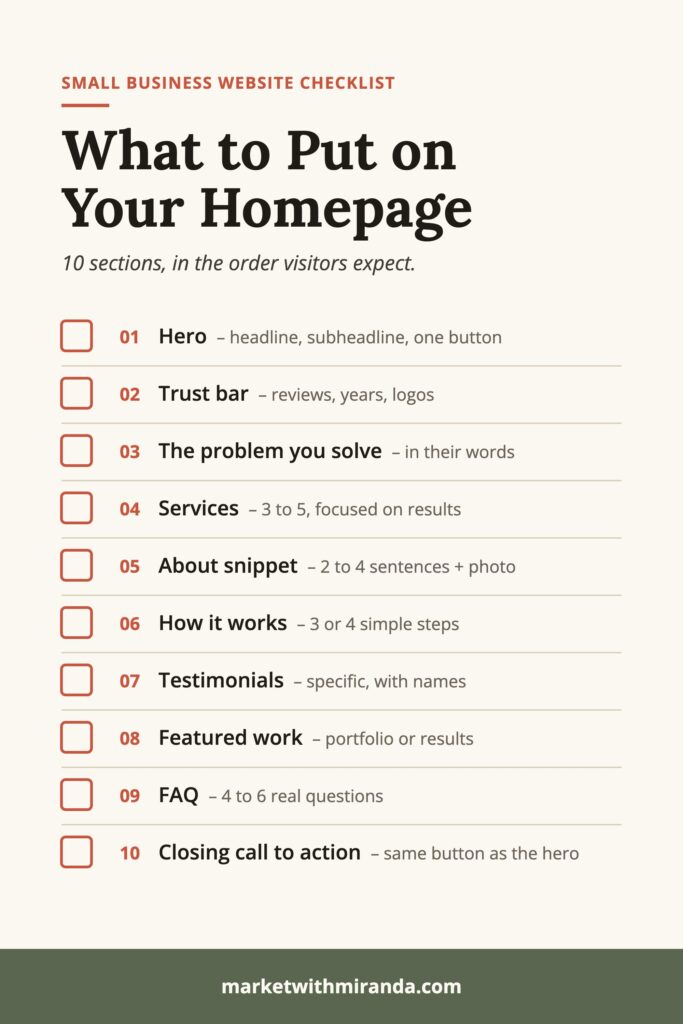 Checklist of the 10 sections to put on a small business homepage, in order: hero, trust bar, the problem you solve, services, about snippet, how it works, testimonials, featured work, FAQ and closing call to action